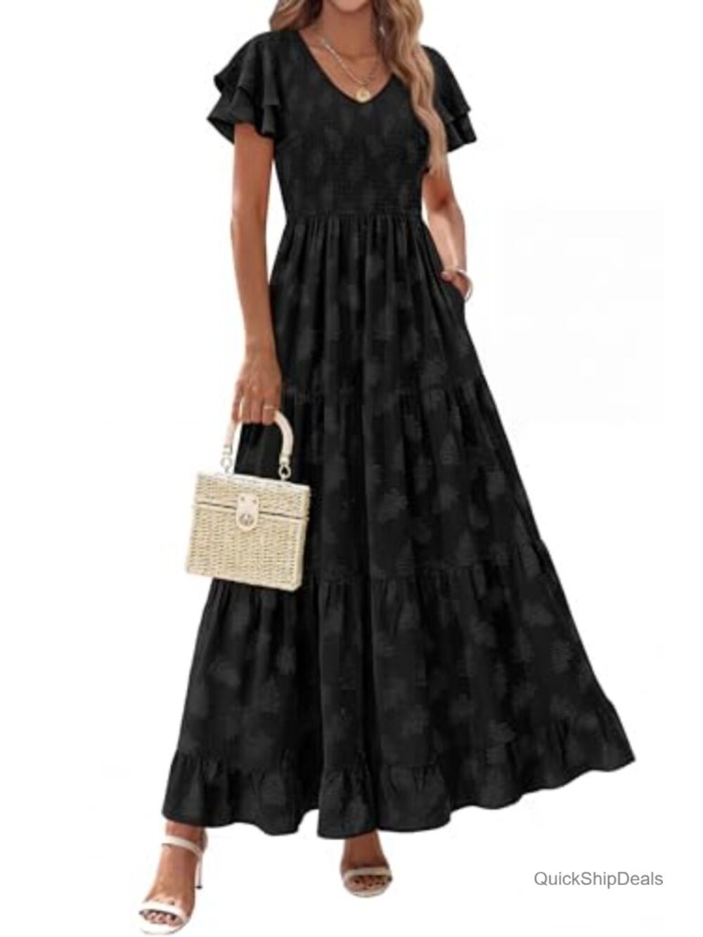 Women's Floral Maxi Dress Ruffle Sleeve V Neck Smocked Tiered Sundress
